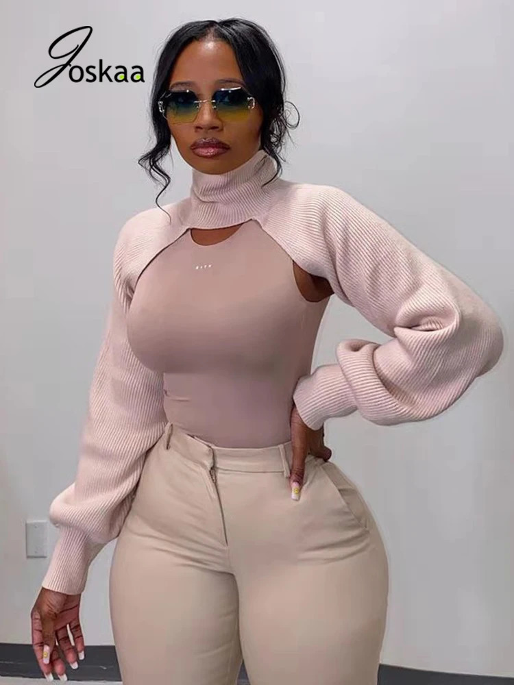 Joskaa Turtleneck à manches longues Mini pull en pull Pullor Tri tricot Crop Tops Summer Madies Smocked printemps 241010