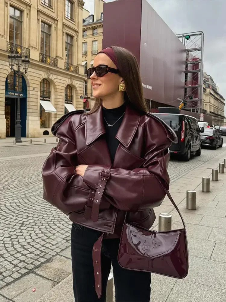 Women Lapel Long Sleeved Short Leather Jacket Cool Girl Slim Chery Red Cropped Coat 2024 Fashion Lady Street Party Outwears 241007Z
