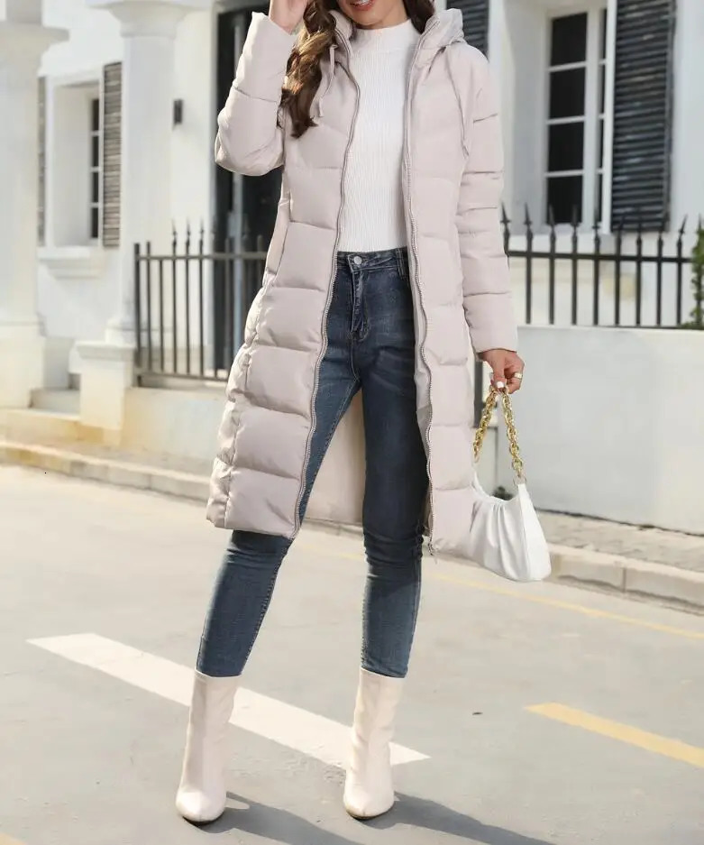 Winter mid length slim fit warm long sleeved solid color womens down jacket 3 colors 241010