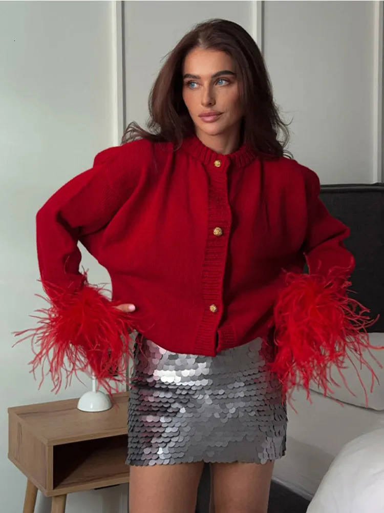 Casual Oneck Spliced Feather Knitted Cardigan For Women Fashion Single Breasted Long Sleeved Red Sweater Autumn Lady Outerwear 241010