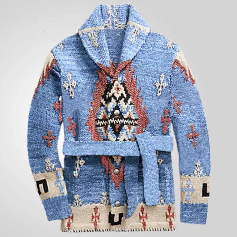 Retro Jacquard Males Sweater Autumn Winter Thick Midlength Knitted Jacket with Belt Mens Cardigan Embroidered Coat Streetwear 240930Z