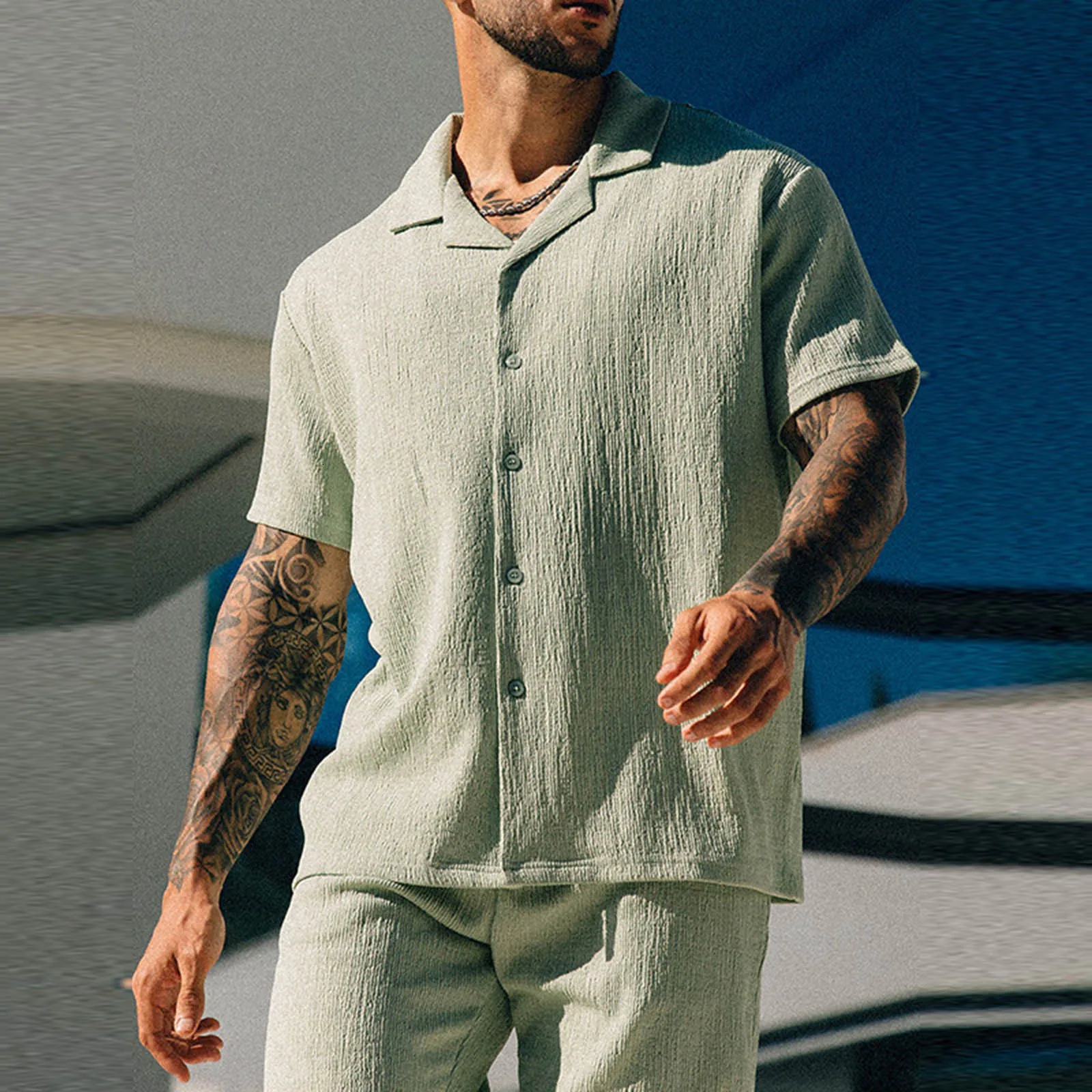 Mens Two Piece Set Short Sleeve Lapel Button Shirts And Shorts Beach Style Suits Men Summer Fashion Clothing Streetwear 241008Z