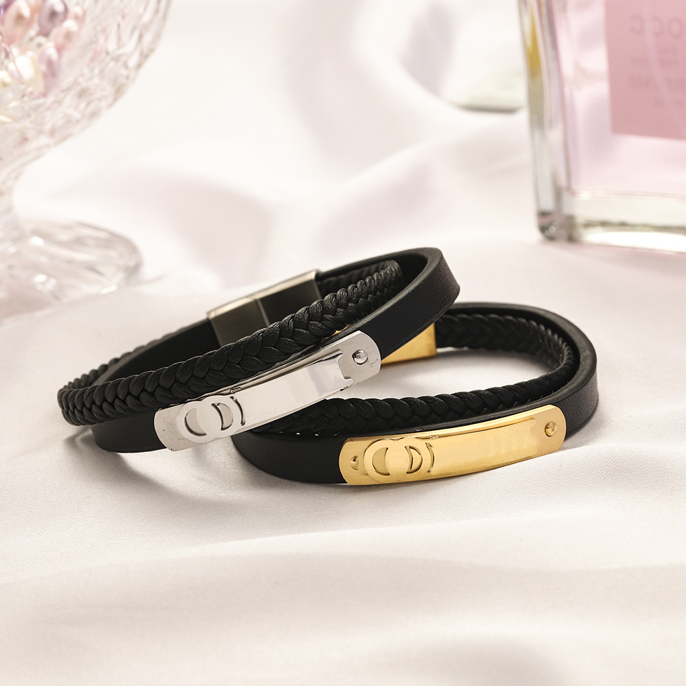 18k Gold Plated Bangle Bracelets Luxury Brand Designers Letters Leather Geometric Circle Fashion Womens Black Stainless Steel Bangle Wedding Party J