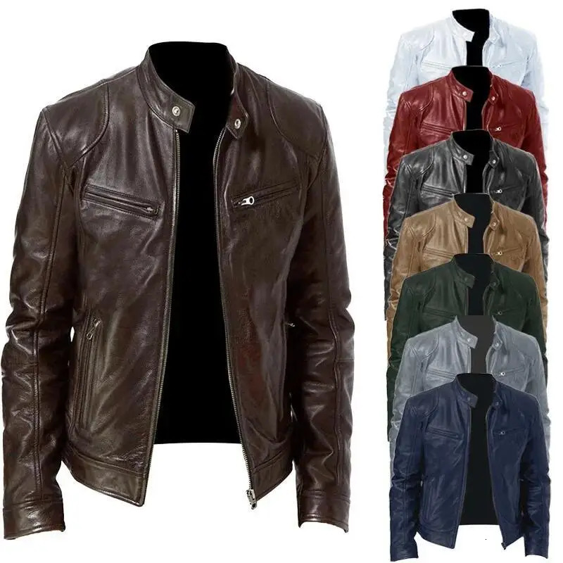 Mens Motorcycle Leather Jacket Slim Fit ShortCoat Lapel PU Jackets Autumn Zipper Stand Windproof Coat Clothing y240930