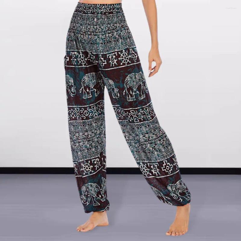 Pantalon Femme Coupe Ample Imprimé Éléphant Thaï Harem Yoga avec Poches Large Jambe Vacances Travail Taille Haute Boho
