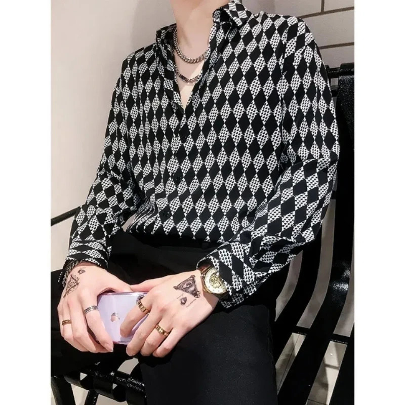 Spring and Autumn Fashion Pure Cotton Collar Long Sleeve Diamond Plaid Shirt Mens Trend Button Retro Shirt 241010