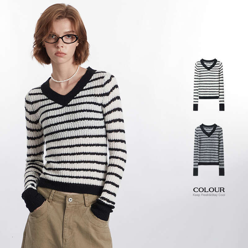 Best-seller Heyhenry col en v rayé Design Style nouveau pull à manches longues contrasté femmes Niche haut court Ddmylion