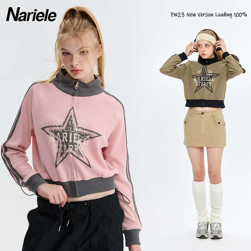 Bestseller Heyhenry Five Pointed Star Pink American Three Bar Sleeve Cardigan Standing Collar Sweater Women's Spring And Autumn Coat Top Ddm