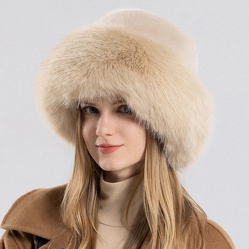 Chapeau d'hiver pour femmes épaissie de cheveux de lapin artificiel chapeau de seau de boucles d'oreilles chaudes russe chapeau cosack fourrure e