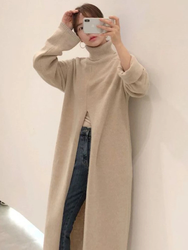 autumn and winter womens knitted floral long skirt with high collar and loose fitting sweater casual and warm womens dress 241007