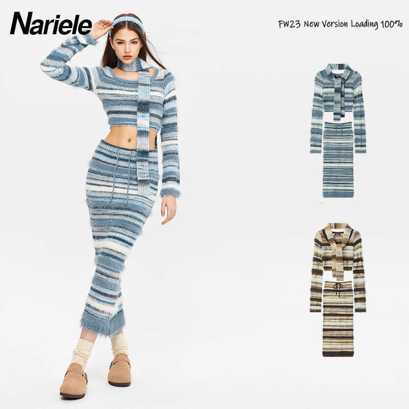 Best-seller Heyhenry petit parfum à manches longues tricoté Cardigan femmes rayé court pull écharpe deux pièces ensemble Ins Ddmylion