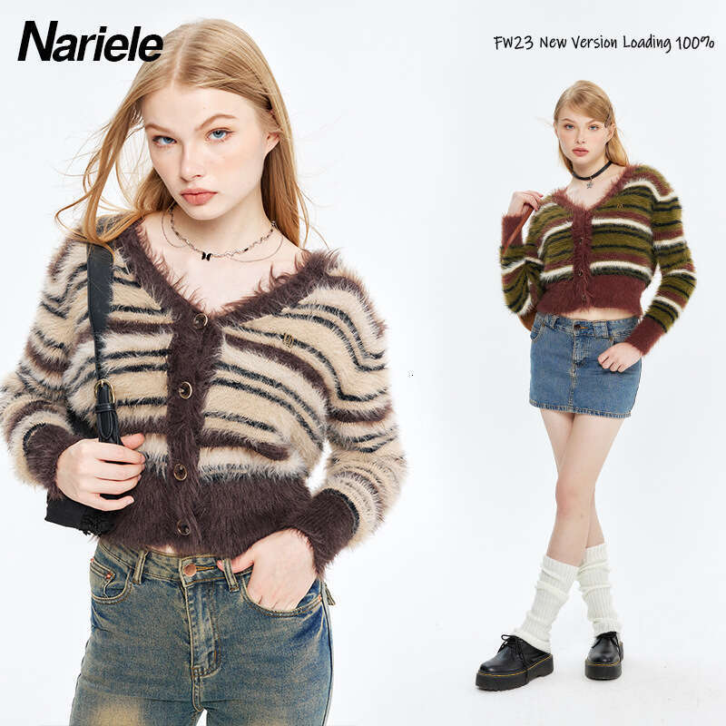 Bestseller Heyhenry American Style Knitted Women Long Sleeved Autumn And Winter Striped Sweater Jacket With Color Blocking Cardigan For External