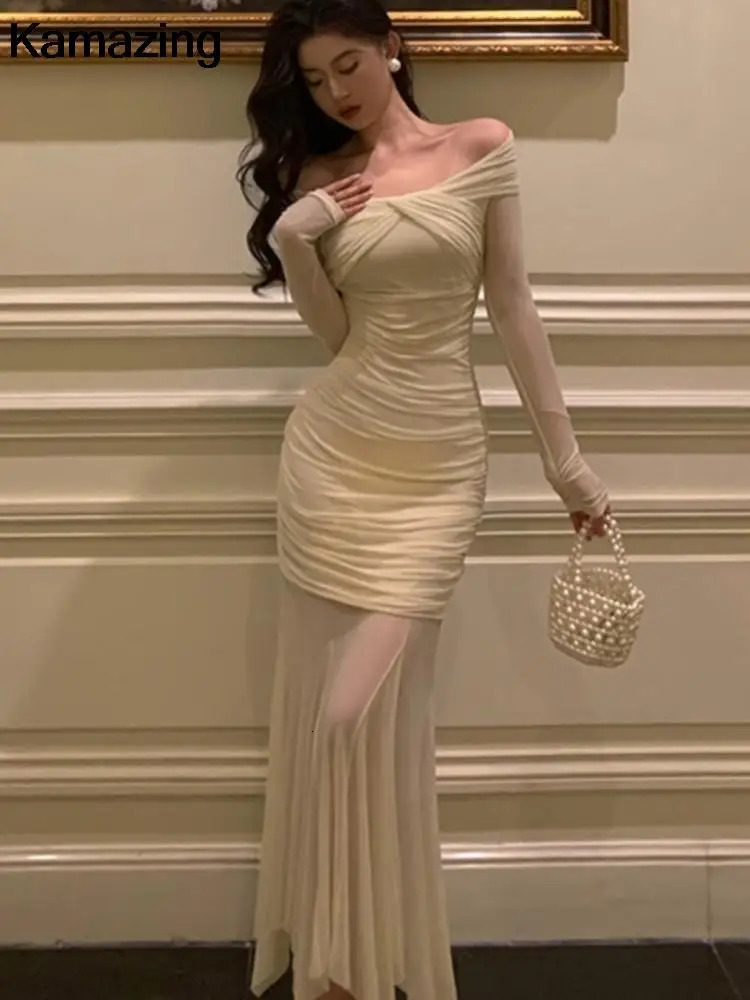 Elegant knitted womens clothing mesh patch long sleeves diagonal collar ultra-thin autumn evening party dance dress vest 241007