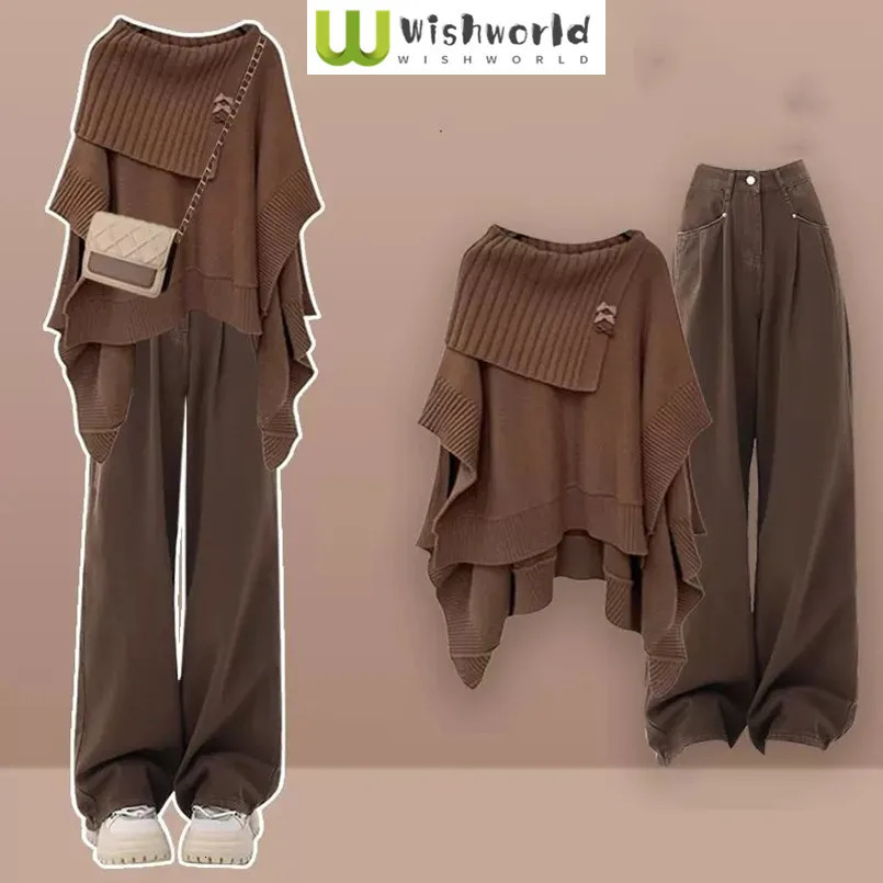 Autumn and Winter Womens Clothing Set Korean Fashion Cloak Knitted Sweater Casual Edition Wide Leg Pants Two Piece Set 241010
