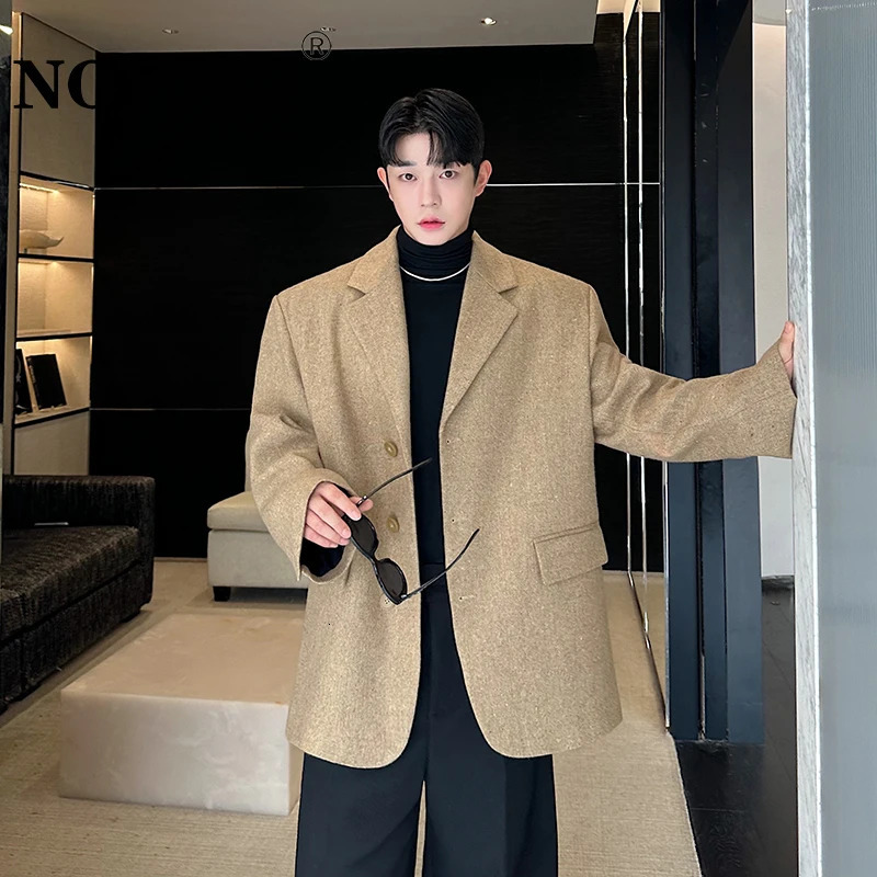 Veste pour hommes de style rétro Noymei Automne et article d'hiver Collier personnalisé Couleur solide à poitrine simple manteau en laine épaisse