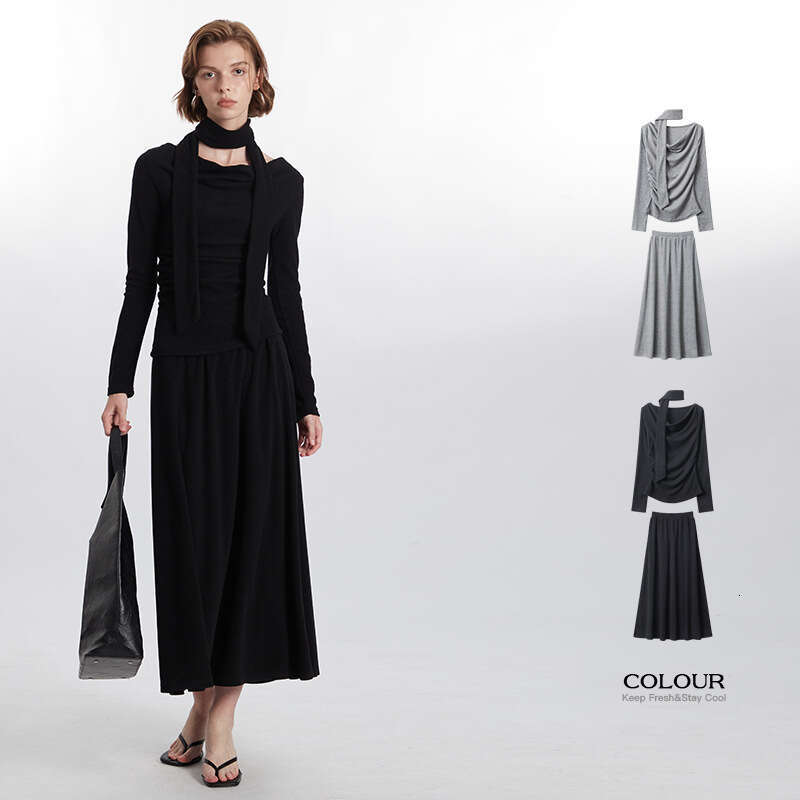 Best-seller Heyhenry haut de gamme tempérament écharpe haut T-Shirt à manches femmes printemps et automne ensemble ajusté demi-corps jupe longue