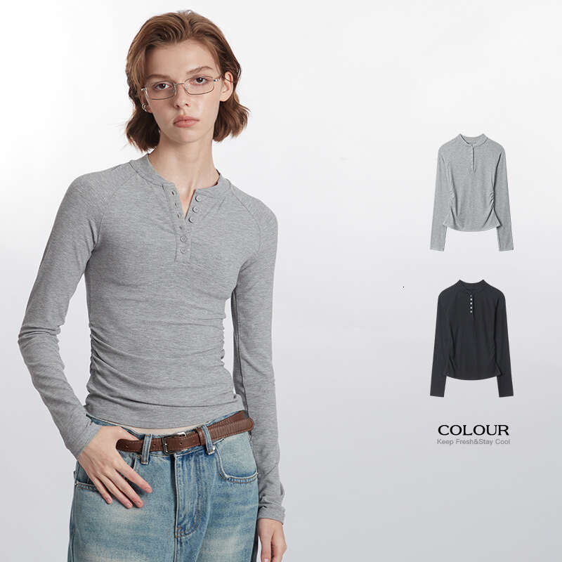 Best-seller Heyhenry bouton américain col rond conception à la mode coupe ajustée et minceur chemise de base T-Shirt à manches longues femmes Sty