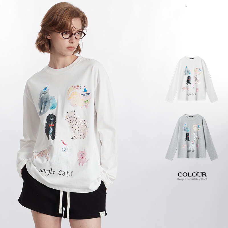 Bestseller Heyhenry Trendy Brand New Casual Loose Long Sleeved Women's Cat Graffiti Round Neck Top Couple T-Shirt Ins Ddmylion