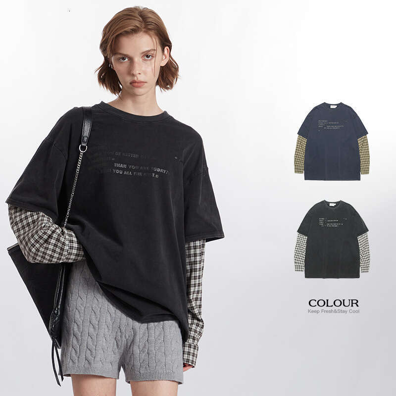 Bestseller Heyhenry Men's Fashion Brand Fake Two Piece Letter Printed Long Sleeve Couple T-Shirt Splicing Color Contrasting Top For Women Dd