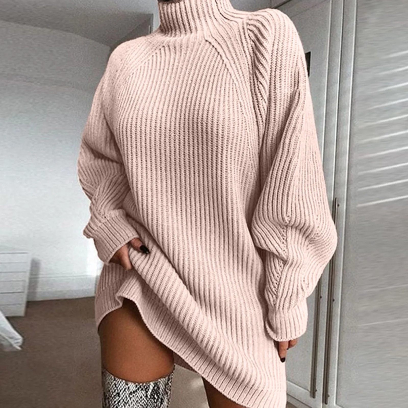 Womens autumn and winter fashionable high neck knitted sweater casual solid loose long sleeved warm Midi long sleeved sweater 241007