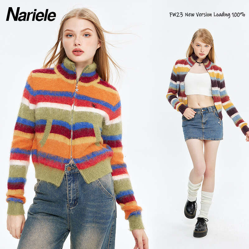 Best-seller Heyhenry américain automne épicé fille Style coloré rayure demi col haut cardigan à fermeture éclair tricoté pull court pour les femm