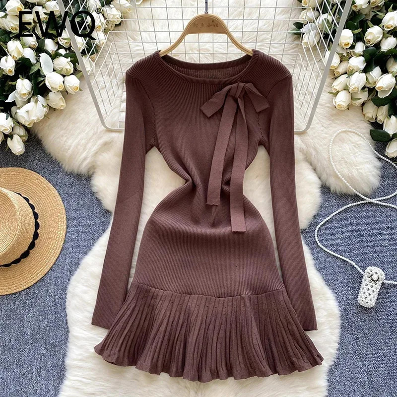 EWQ Elegant Bow épisser les femmes robe en tricot d'automne couleur solide cou rond manche longue robe à manches courtes 27x942 241007