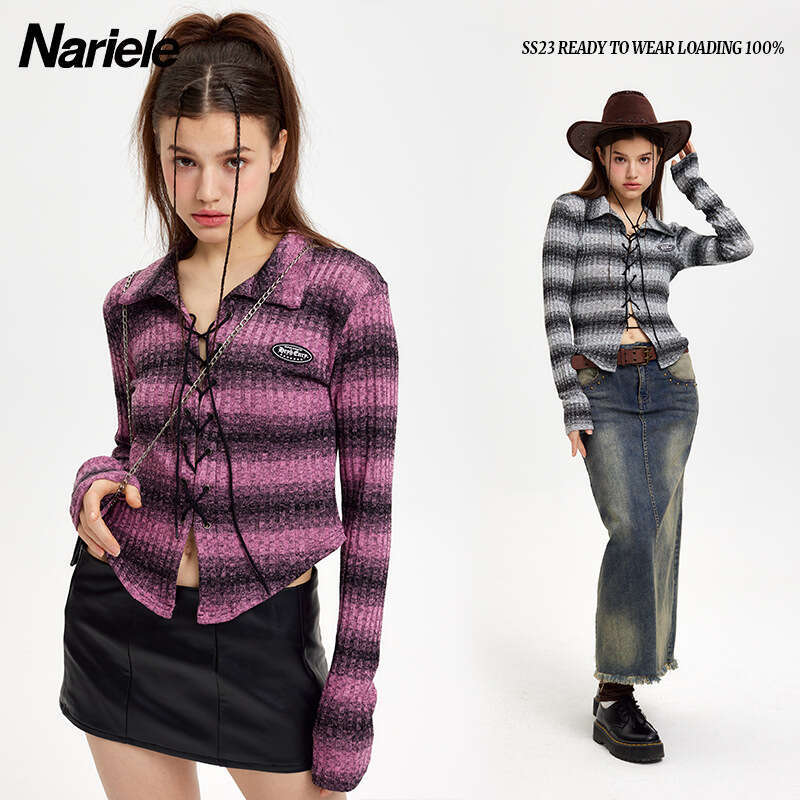 Best-seller Heyhenry Design Sense Niche Style court rayé bretelles croisées haut à manches longues coupe ajustée et chemise amincissante pour les