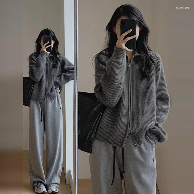 Women's Sweaters Design Sense Gray Turtleneck Autumn Sweater Cardigan Jacket Women 2024 Arrival Small Knitted Temperament Top