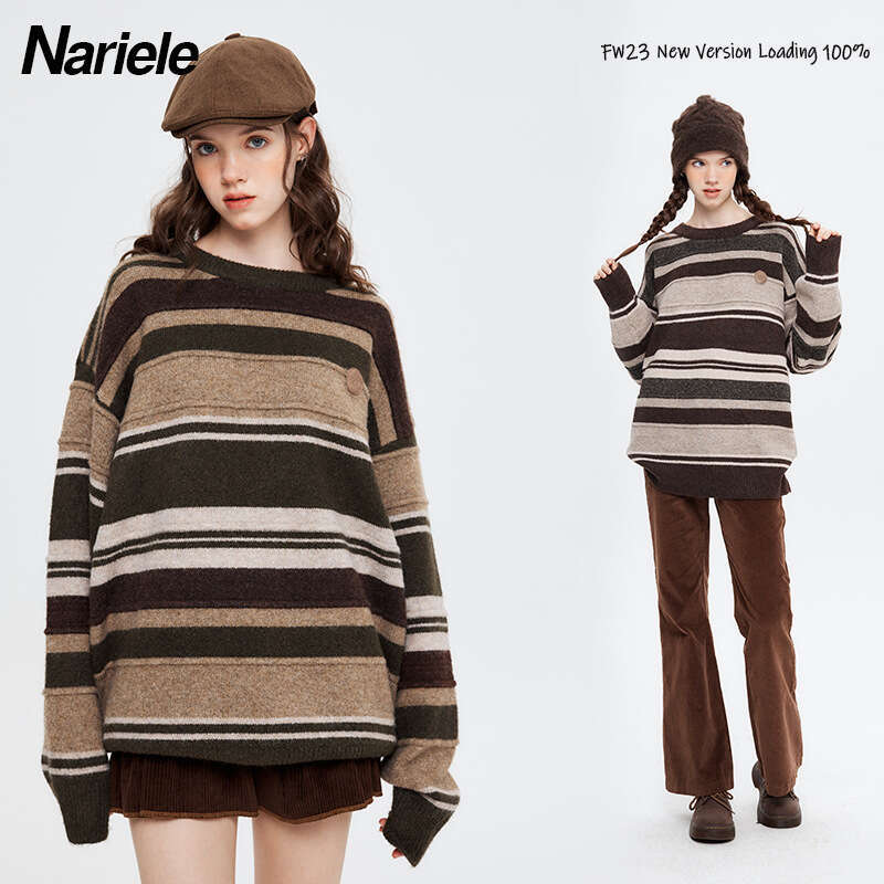 Bestseller Heyhenry Maillard Striped Round Neck Men's Loose Oversized Couple Casual Knit Sweater Ddmylion