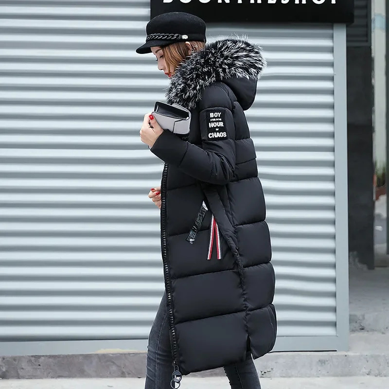 2024 Womens Down Parkas Winter Jacket Big Fur Collar Thick Slim Coat Fashion Hooded Cotton Outerwear Long Woman 241008
