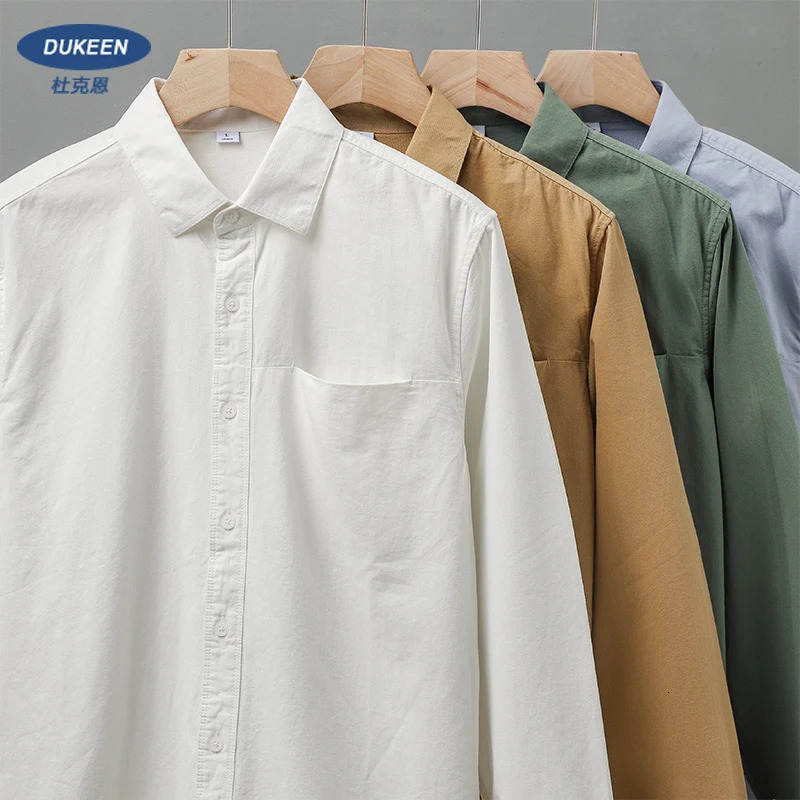 Dukeen long sleeved mens spring and autumn cotton high-end casual solid color lapel shirt retro clothing 241010