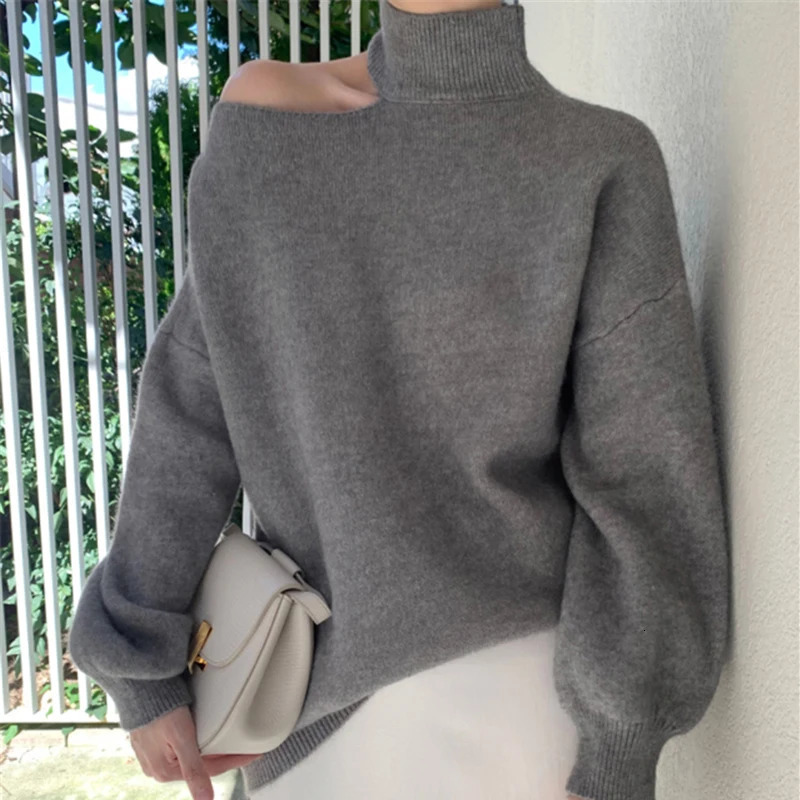 Women Hollow Out Sexy Sweater Turtleneck Long Sleeve Knitted Pullovers One Shoulder Causal For Autumn Winter 241007Z