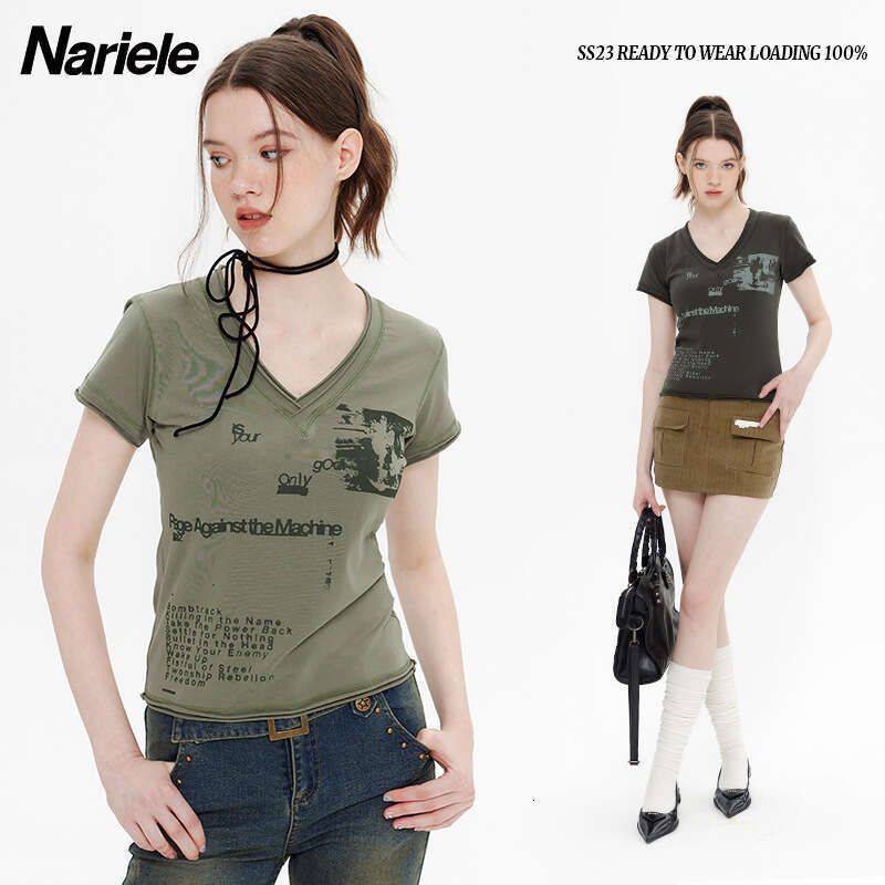 Best-seller Heyhenry Street motif imprimé Niche fille épicée T-Shirt à manches col en v haut court polyvalent pour les femmes Ins Ddmylion