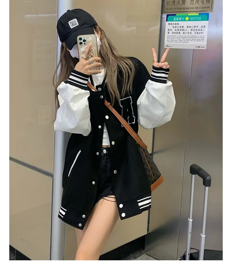 Womens Bomber Jacket Autumn/Winter Fashion Baseball Uniform Oversized Coat Student Couple Harajuku Loose Street Jacket 241010