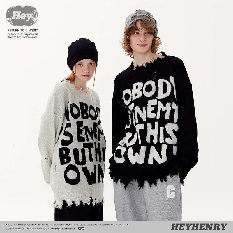 Best-seller Heyhenry Street Trend: Vintage, vieilli, lettre jacquard, effiloché, pull tricoté pour couple, pull pour hommes et femmes Ddmylion
