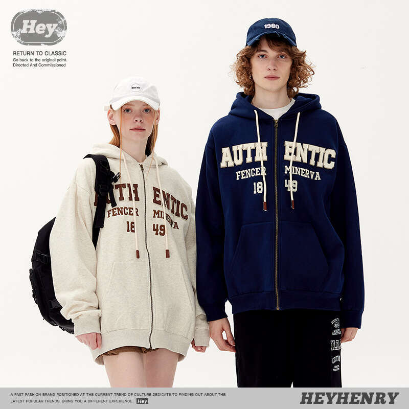 Best-seller Heyhenry American College Style Campus unisexe lettre brodée velours Cardigan sweat à capuche Ddmylion