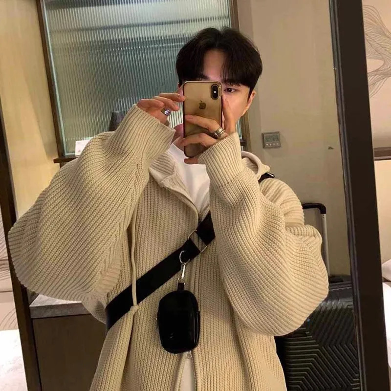 Autumn Clothing Mens Light Knitted Hooded Cardigan Sweater Korean Vintage Zipper Long Sleeve Hoodie Knitwear 240930Z