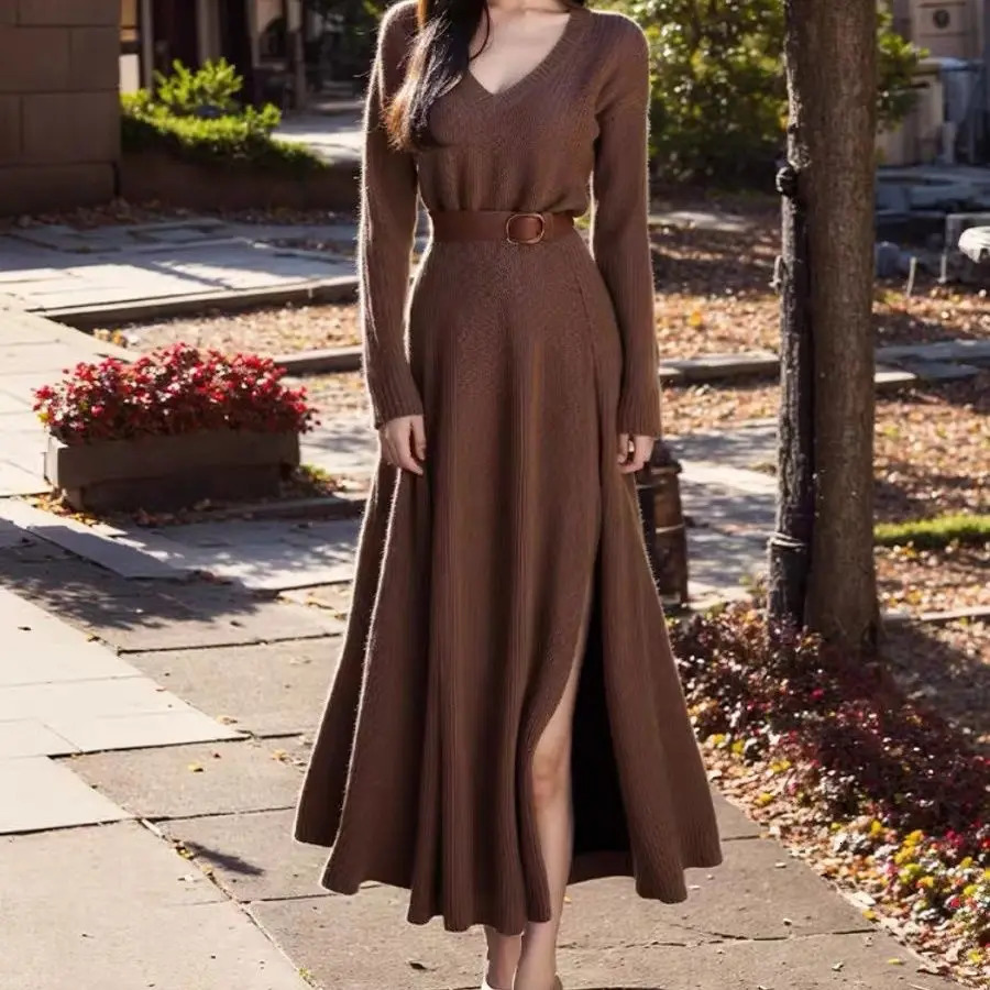 autumn high-end slim fit long brown womens clothing autumn and winter elegant V-neck knitted womens clothing 241007