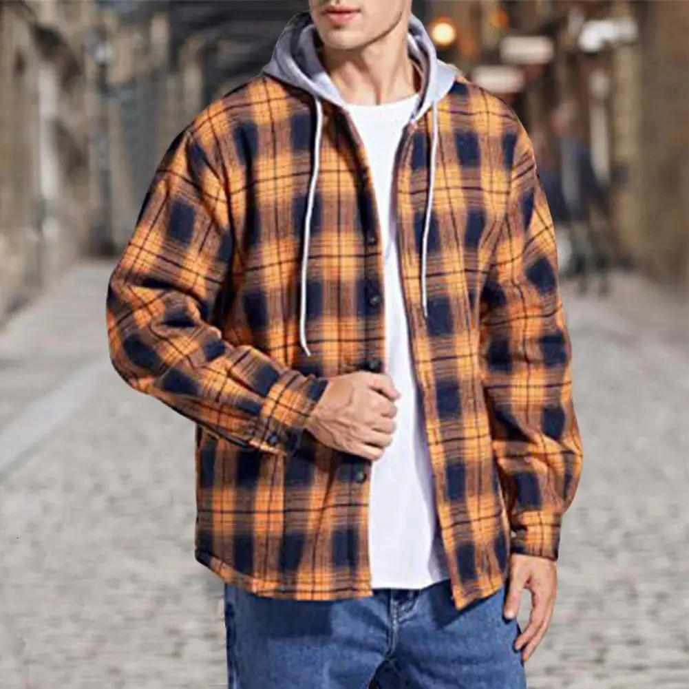 Mens flannel shirt jacket hooded sweatshirt plain weave plush lining winter coat thick hooded sweatshirt thick patch work jacket outerwear mens o