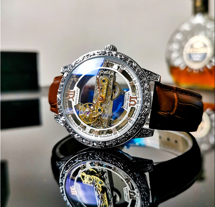 No need to wind up the full automatic mechanical watch men's watch double-sided hollow waterproof luminous new genuine men's watch-image-1025194896