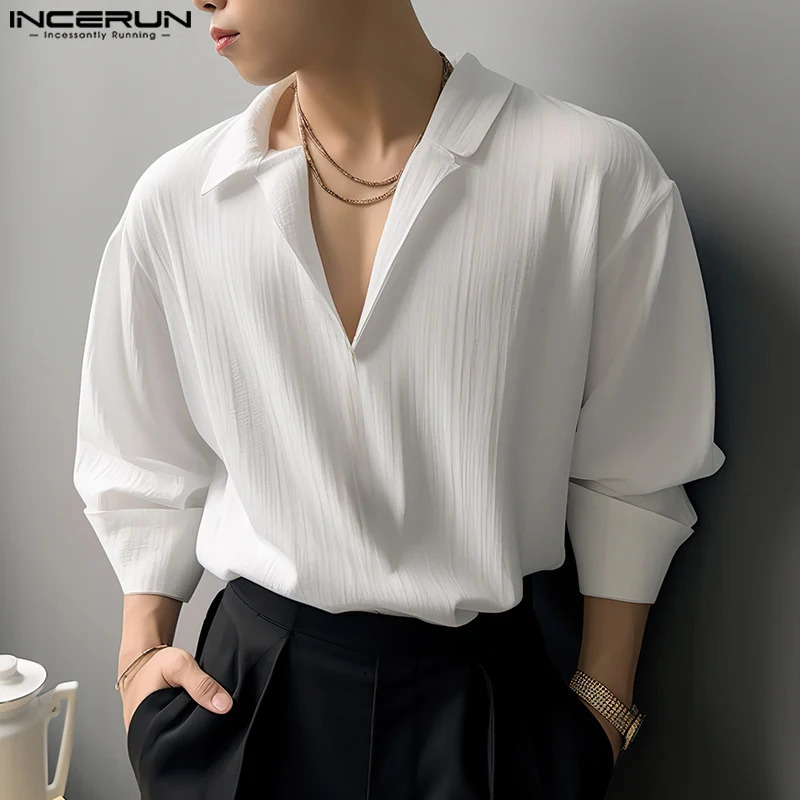 Tops Incerun Mentes de style coréen simple Vers de Ve à col décontracté Slim Fit Mens Texturé à manches longues S-5XL 241010