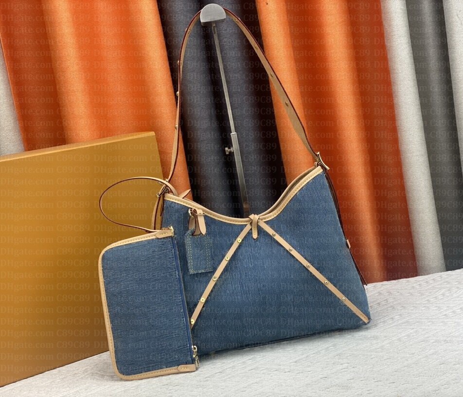 Designer bag vintage denim bag women cross body 2pcs sets Luxury handbags Hobo Shoulder Bags high quality Blue Denim flower messenger purses-image-975232352