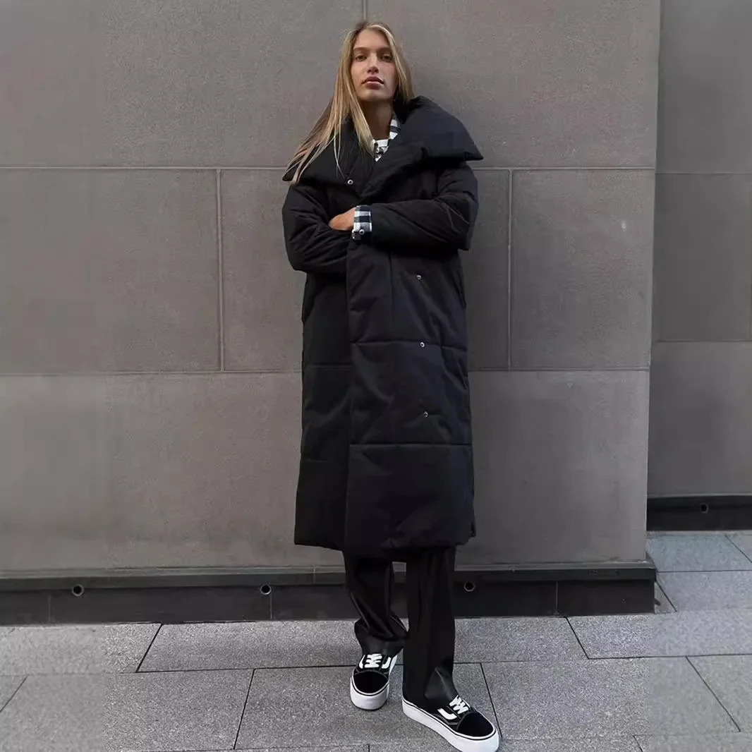 Autumn and Winter Womens Cotton Long Coat Elegnt Loose Soft Warm Street Style Stand Neck Belt Windproof Casual Jacket 241008