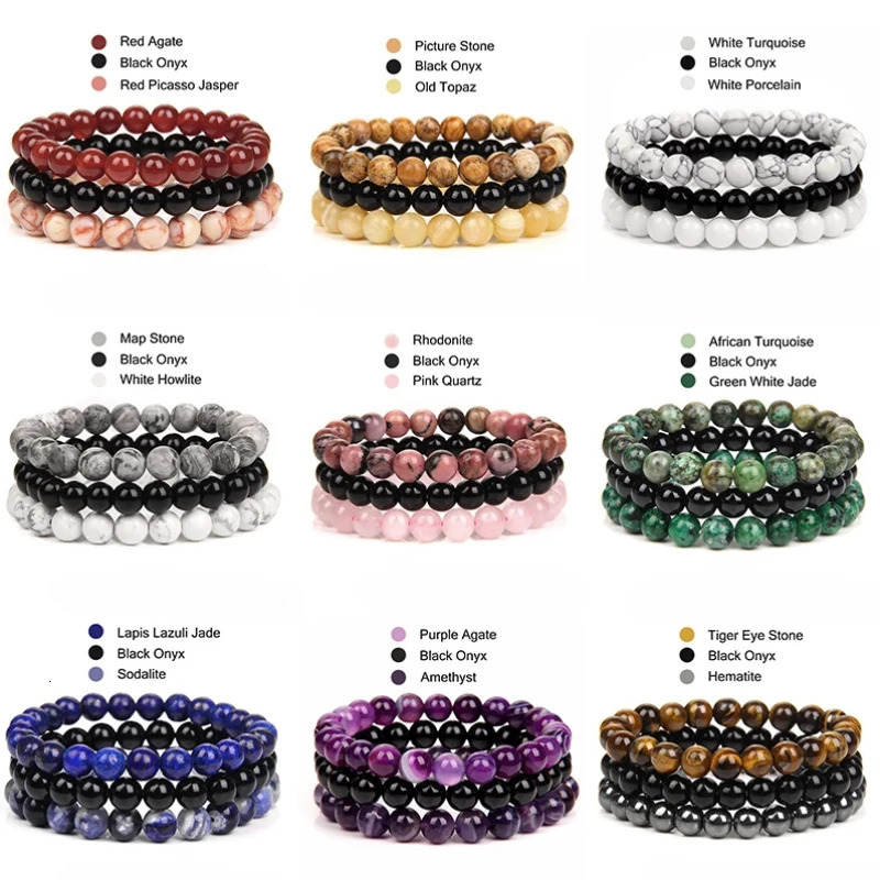 Kirykle Natural Stone Bracelet Set 3 pièces / ensemble Obsidien Hématite Tiger Eye Perles pour hommes Bracelet de bijoux de la santé des hommes 2