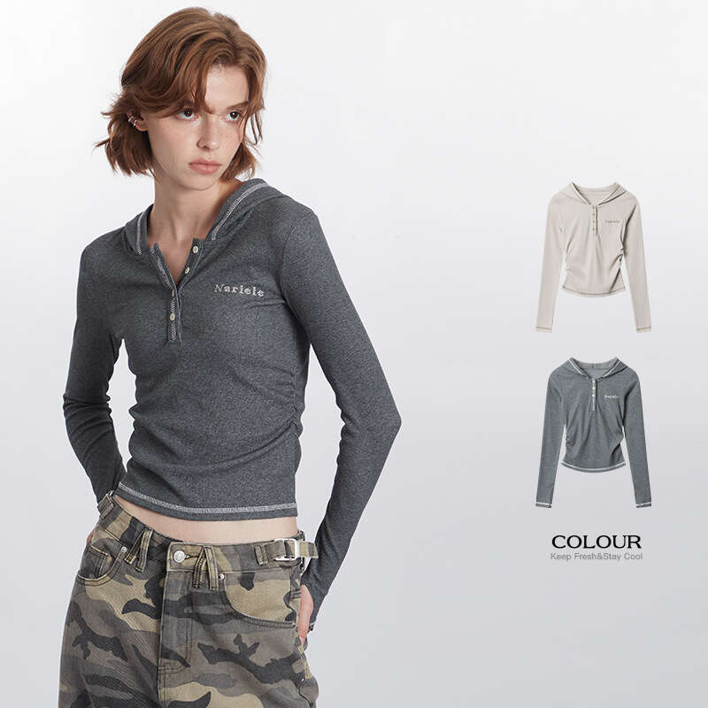 Best-seller Heyhenry bouton à capuche Design T-Shirt pour femme Niche printemps et automne coupe ajustée à manches longues fille épicée haut cour