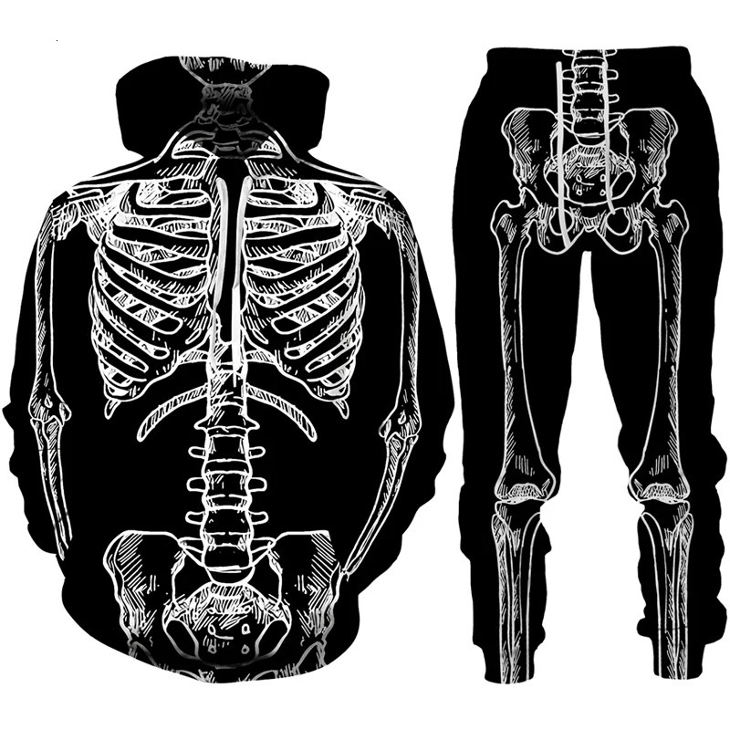 Automne Funny Horror Skeletal 3D Sweat à capuche imprimé pour hommes Papent de survêtement Mode Fashion Two Piece Tracksuit Set Mens Clothing 241