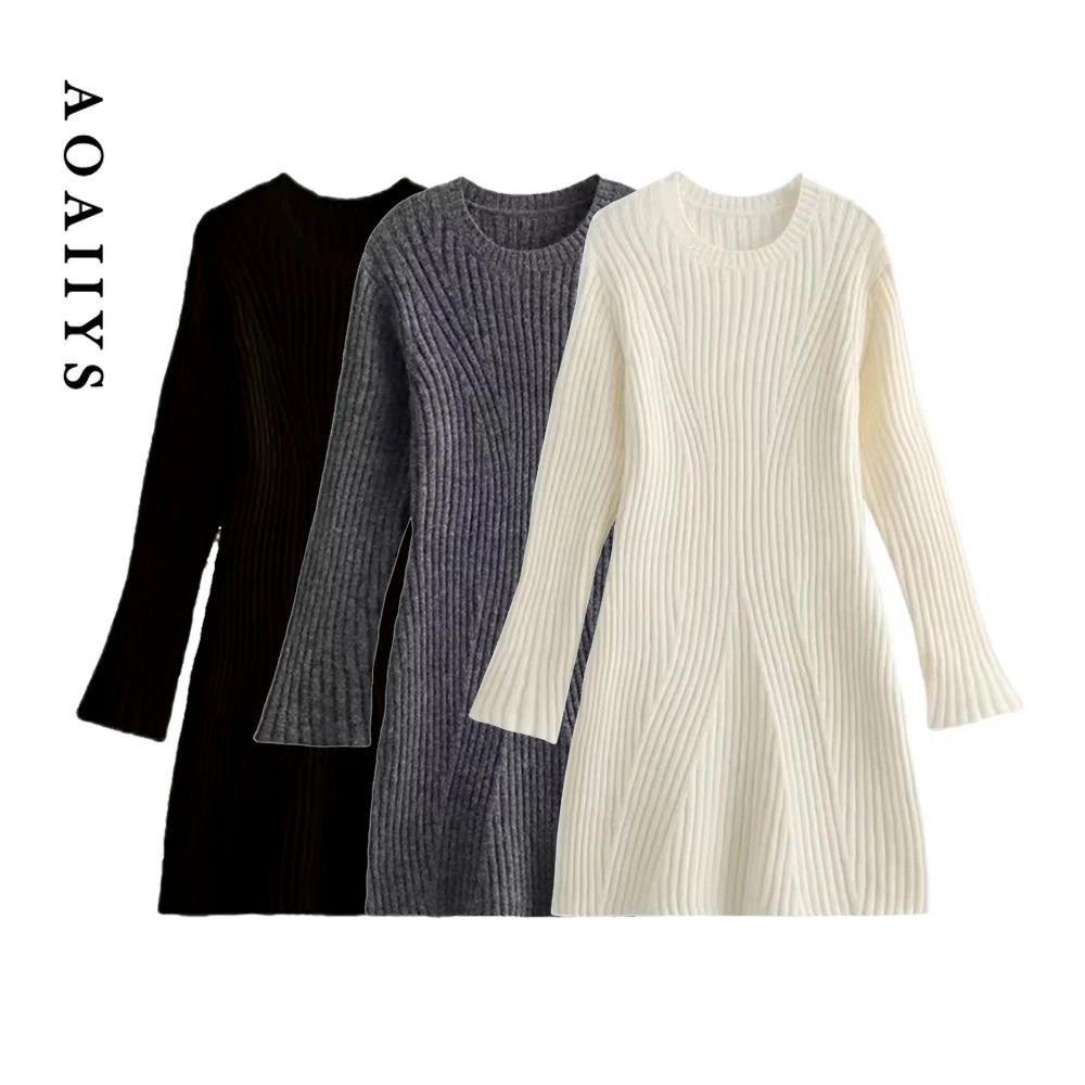 Aoaiys Womens White Knitted Dress Long Sleeve O-Neck Autumn Warm Dress High Waist Ultra Thin Fashion Mini Dress 241007