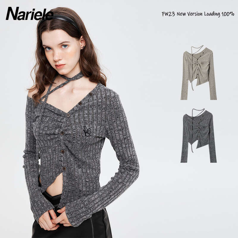 Best-seller Heyhenry Pure Desire Spicy Girl Cardigan T-Shirt pour femme, design à col diagonal, sensation petite et taille distinctive, haut cour