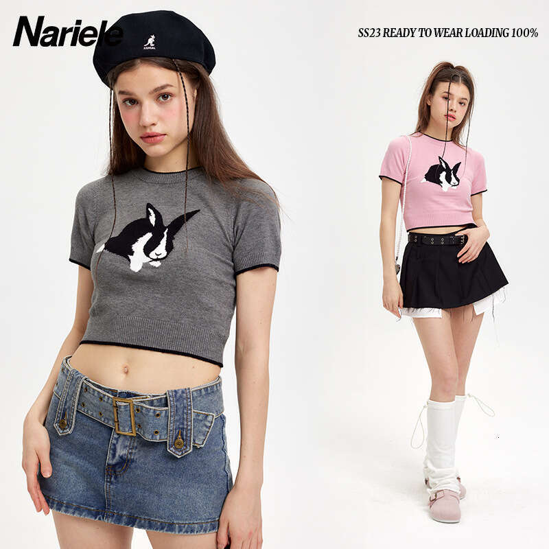 Bestseller Heyhenry Sweet And Cute Unique Design Women's Spring Rabbit Year Spicy Girl Short Slimming Knitted T-Shirt Ddmylion