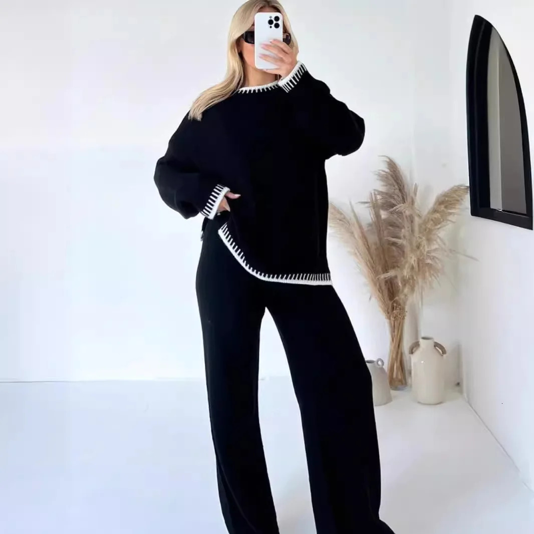 Winter Womens Set Black Long Sleeve Striped Knitted Sweater SweaterElastic Waist Ultra Thin Wide Leg Pants XXL 241010